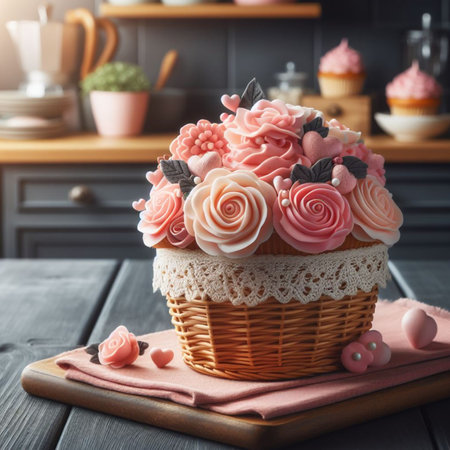 Cupcake decorated with pink buttercream flowers in a wicker basketの素材