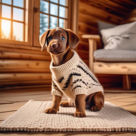 Cute dachshund puppy in sweater sitting on carpet at home.の素材