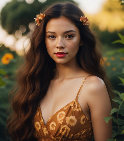 Portrait of a beautiful young girl with long curly hair in a yellow dress on a background of greeneryの素材