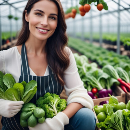 selective focus of smiling woman in apron holding fresh vegetables in greenhouseの素材