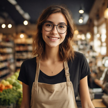 Portrait of a beautiful young woman in apron and eyeglasses standing in a grocery storeの素材