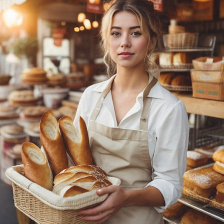 Portrait of a beautiful young woman in apron holding basket with bread in bakery.の素材