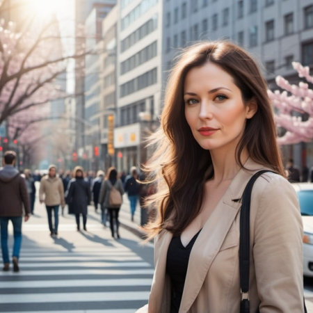 Portrait of a beautiful young brunette woman in a beige coat on the background of the cityの素材