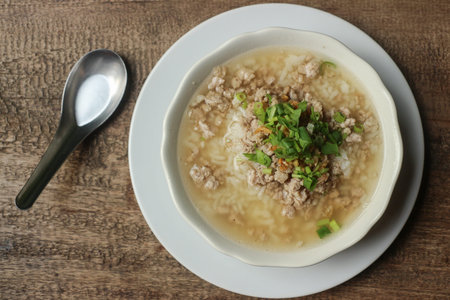 Top view of boiled rice pork or mush - Thai style breakfast