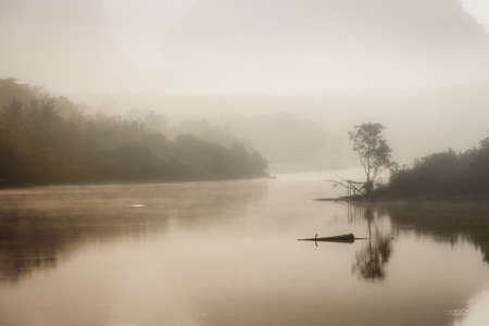 Foggy landscape with a tree silhouette on a fog over lake in morningの写真素材