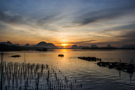 Beautiful sunrise at fisherman village, South of Thailand - Natural background