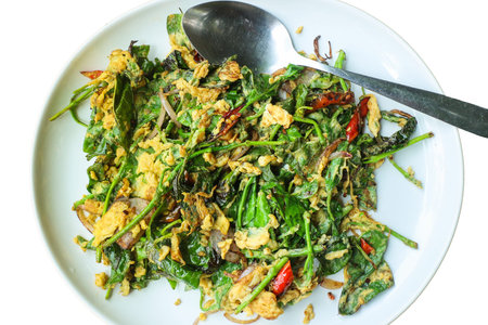 Liang leaves fried with eggs, delicious fried vegetable of thai southern food