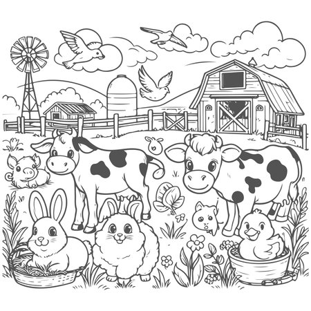 Farm animals. Black and white vector illustration for coloring book page.のイラスト素材