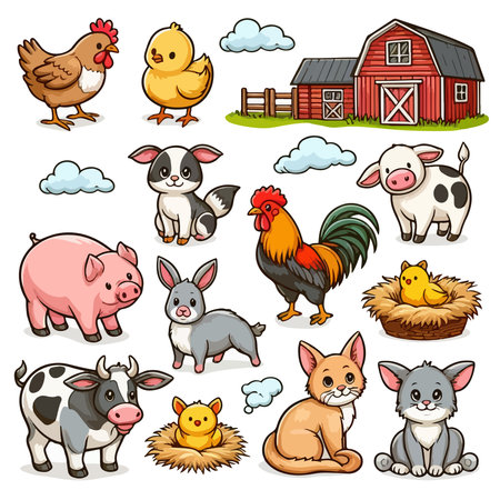 Farm animals set in cartoon style isolated on white background. Vector illustration.のイラスト素材
