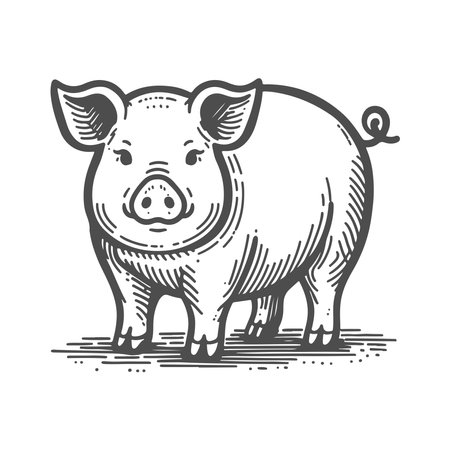 Pig vector engraving illustration. Scratch board style imitation. Black and white hand drawn image.のイラスト素材