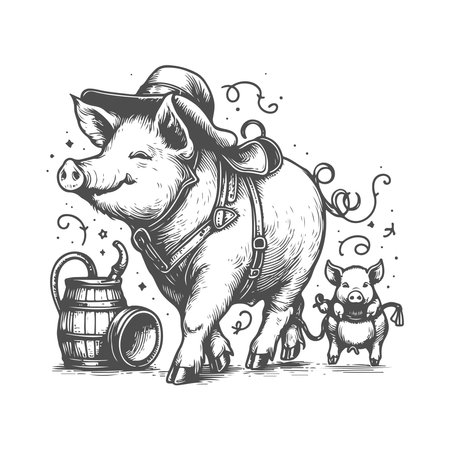 Pig with a mug of beer and a barrel. Vector illustration.のイラスト素材