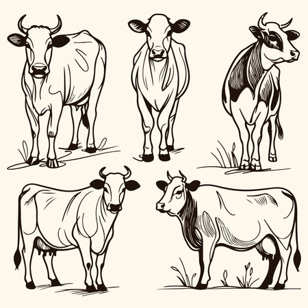 Cows set. Hand drawn vector illustration in black and white colorsのイラスト素材