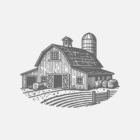 Barn and farm. Vintage hand drawn vector illustration in retro style.のイラスト素材
