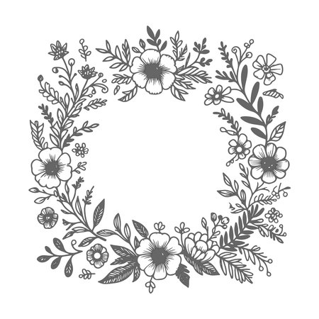 Floral wreath with flowers and leaves. Hand drawn vector illustration.のイラスト素材