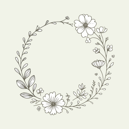 Round frame with flowers and leaves. Hand drawn vector illustration in sketch style.のイラスト素材