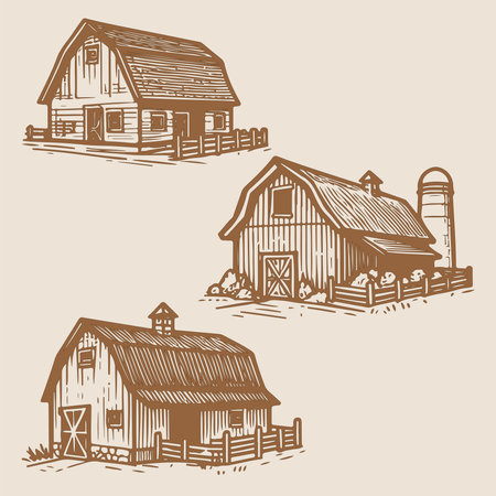 Set of hand drawn farm buildings. Vector illustration in vintage style.のイラスト素材
