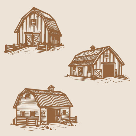 Set of hand drawn barns. Vector illustration in vintage style.のイラスト素材