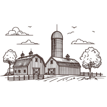 Hand drawn barn. Vector illustration of a farm with a barn.のイラスト素材