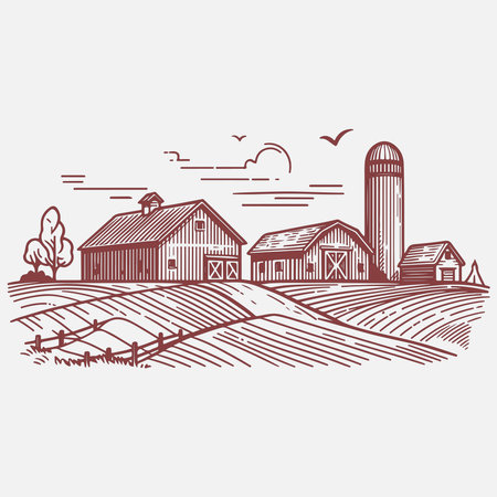 Rural farm. Vector hand drawn illustration in vintage engraving style.のイラスト素材