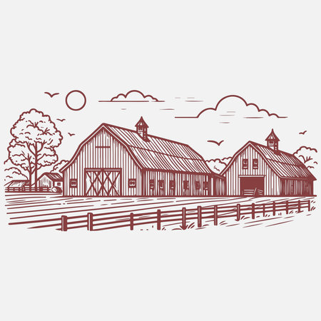 Barn on a farm. Vector hand drawn illustration in sketch style.のイラスト素材