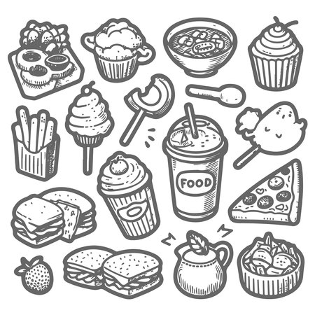 Set of hand drawn doodle fast food icons. Vector illustrationのイラスト素材