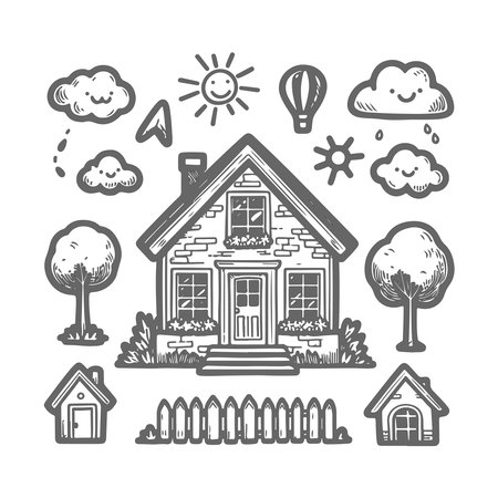 Hand drawn doodle sketch house, tree, sun, cloud, sun. Vector illustration.のイラスト素材