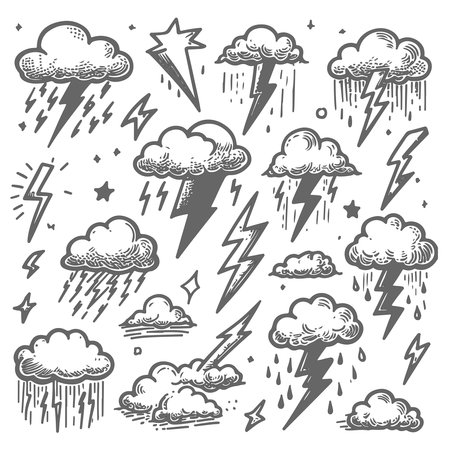 Hand drawn thunderstorm icons set. Isolated on white background.のイラスト素材