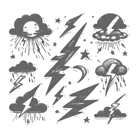 Set of hand drawn thunderstorm icons. Vector illustration isolated on white background.のイラスト素材