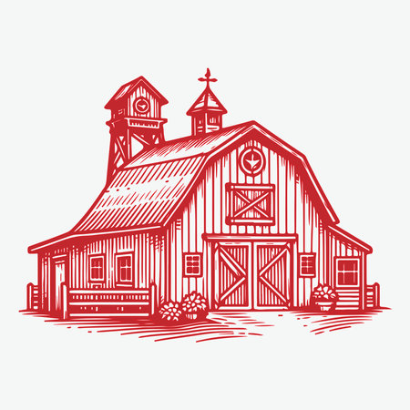 Vector illustration of a red wooden barn with clock tower and cross.のイラスト素材