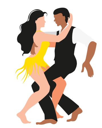 Beautiful couple dancing Latin American salsa dance. A man in a black vest and trousers, a woman in a yellow dress. Vector illustration in flat style.のイラスト素材