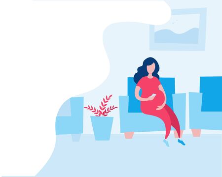 A pregnant woman sitting in a chair in the clinic and waiting in line. Vector illustration in flat style. Horizontal banner template.のイラスト素材