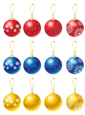 Set of Christmas balls of different colors. Round balls on the Christmas tree of blue, red and gold colors.のイラスト素材