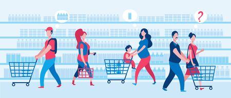 Set of people with carts shopping in the supermarket. Vector illustration in flat style in red and blue colors.のイラスト素材