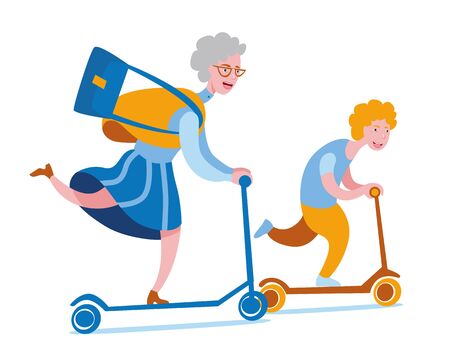 A cheerful old woman rides a scooter with her grandson. Vector illustration in flat style in blue and orange color scheme.のイラスト素材