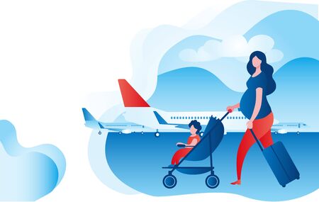 Pregnant woman with child and suitcases at the airport. Vector illustration on the theme of travel with the baby and during pregnancy.のイラスト素材