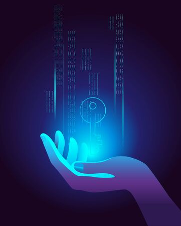 The hand holds the virtual key. Vector illustration on the topic of cybersecurity.のイラスト素材