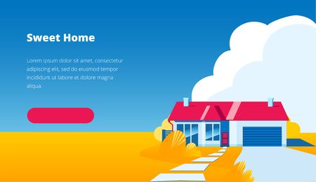 Cute one-story house in the autumn landscape. Template for a horizontal banner.のイラスト素材