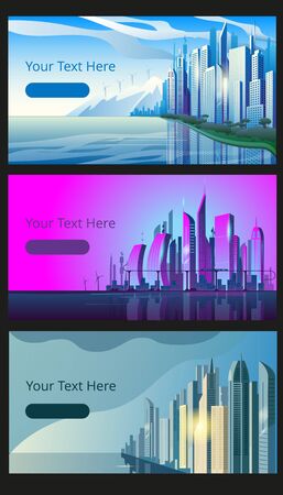 A set of horizontal banners with the image of a modern city at different times of the day. Vector illustrations on the theme of urbanism.のイラスト素材