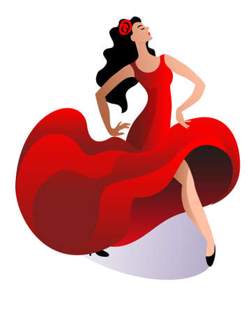 A slender woman in a red dress dances a passionate flamenco dance. Vector illustration.のイラスト素材