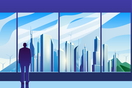 A mans silhouette stands at the glass in the office and admires the dawn in the city. City of the...