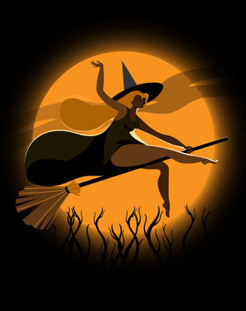Glamurnoe silhouette of a witch flying on a broomstick. Template for a vertical poster.のイラスト素材