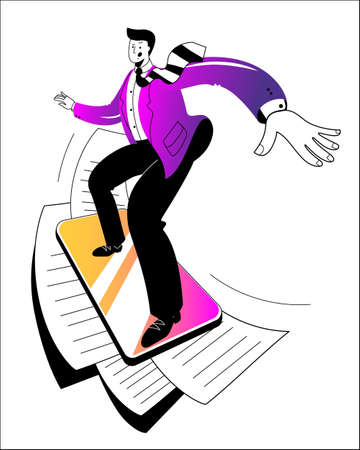 A man in a business suit surfs the news on the phone. Concept of a vector illustration in neon colors.のイラスト素材