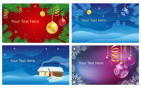 Fabulous Christmas illustrations with snowflakes, fir branches and houses. A set of horizontal Christmas banners.のイラスト素材