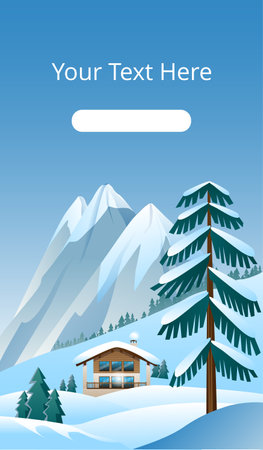 Beautiful mountain landscape in delicate shades. Image of an Alpine Chalet on the background of a mountain landscape. A template of vertical banner. Vector illustration.のイラスト素材