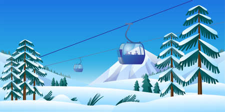 Beautiful mountain landscape in delicate shades. Image of a funicular on the background of a mountain winter landscape. A template of horizontal banner. Vector illustration.のイラスト素材