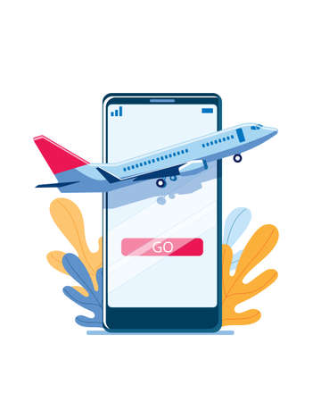 The plane takes off against the background of a smartphone. Concept of a vector illustration on the topic of online registration.のイラスト素材