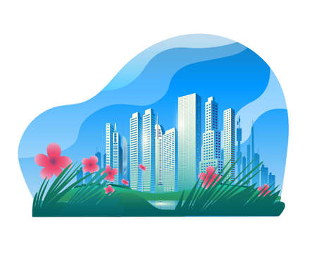The city of skyscrapers in spring at dawn in the midst of a blooming meadow. Vector illustration.のイラスト素材