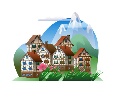 Spring mountain landscape with half-timbered houses. Vector illustration on the theme of the Bavarian Alps.のイラスト素材