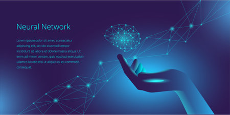 The hand holds a levitating neural network in the form of a brain. Template for a vector horizontal banner.のイラスト素材