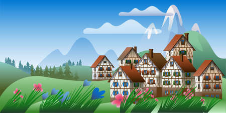 Spring mountain landscape with half-timbered houses. Vector illustration on the theme of the Bavarian Alps. Horizontal banner template.のイラスト素材